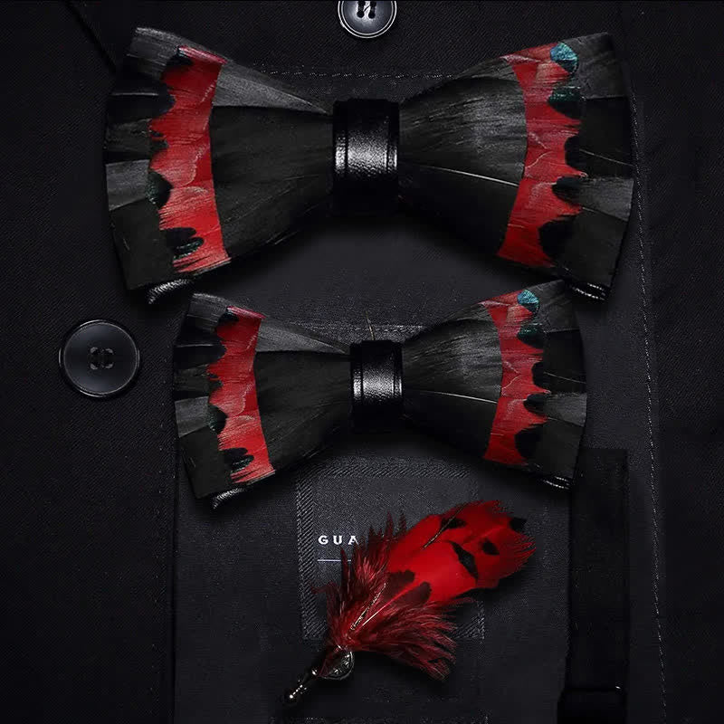 Nœud papillon en plumes de cygne noir et rouge pour enfant avec épingle à revers