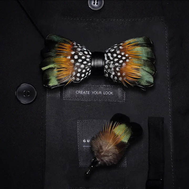 Noeud papillon vintage en plumes vert forêt et orange pour enfant avec épingle à revers