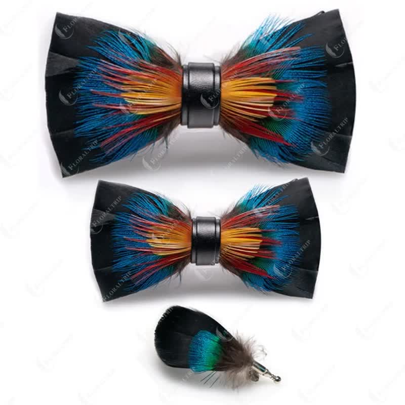 Nœud papillon à plumes noires et multicolores pour enfant avec épingle à revers