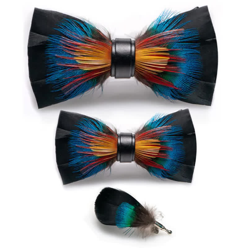 Nœud papillon à plumes noires et multicolores pour enfant avec épingle à revers