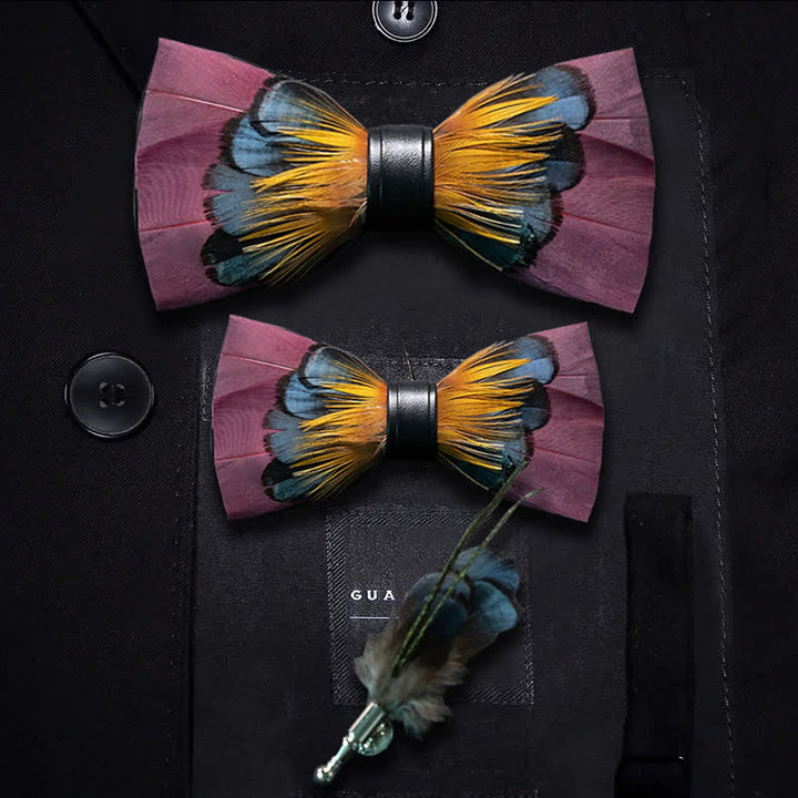 Nœud papillon à plumes symétriques rose et orange pour enfant avec épingle à revers - Ensemble Parent-Enfant - image 5