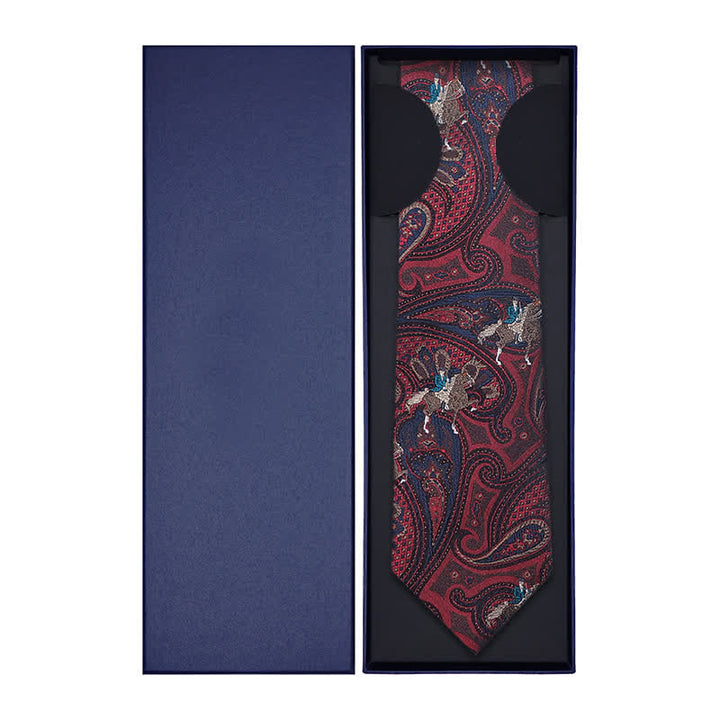 Cravate pour homme avec broderie de cheval et motif cachemire rouge
