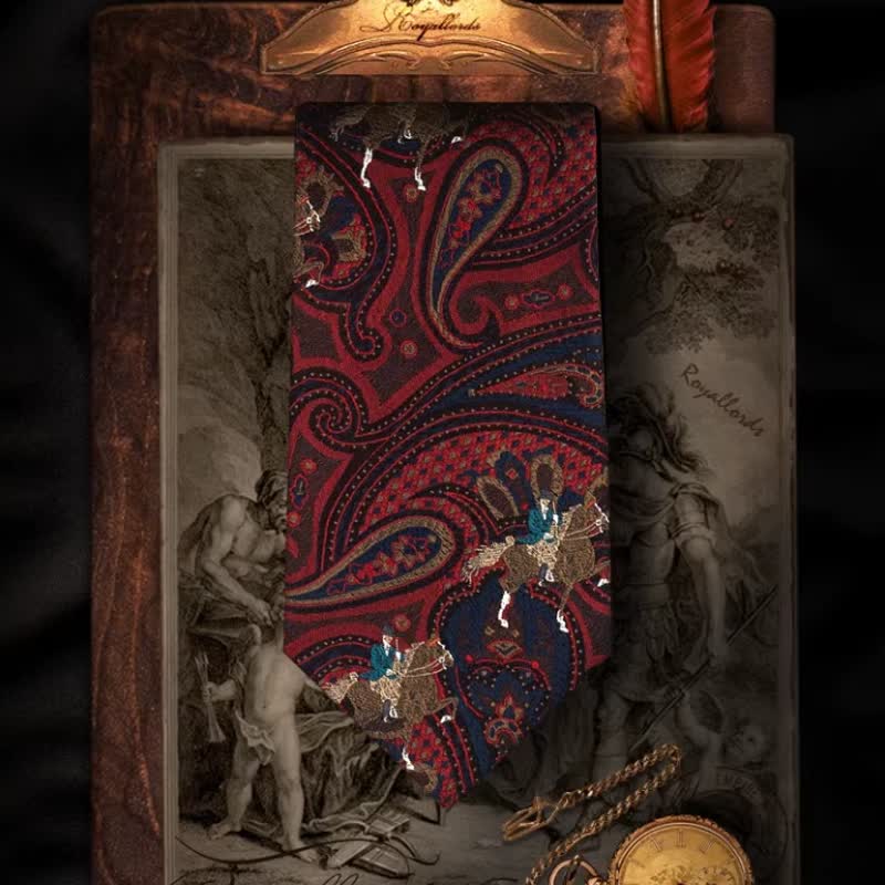 Cravate pour homme avec broderie de cheval et motif cachemire rouge