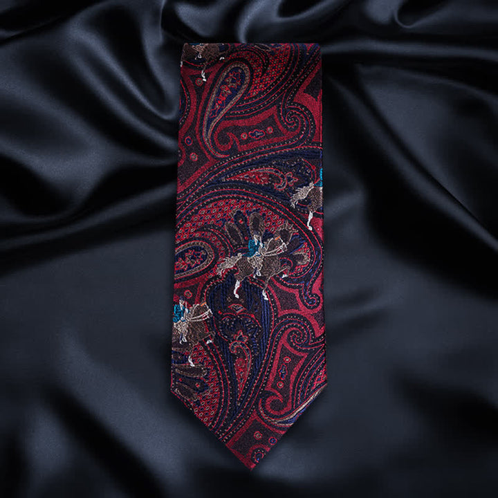 Cravate pour homme avec broderie de cheval et motif cachemire rouge