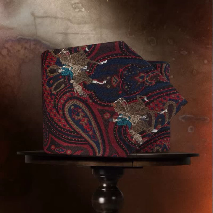 Cravate pour homme avec broderie de cheval et motif cachemire rouge