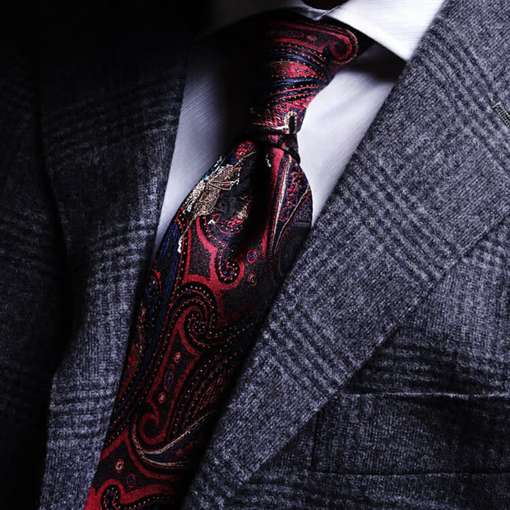 Cravate pour homme avec broderie de cheval et motif cachemire rouge