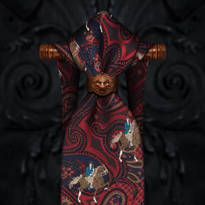 Cravate pour homme avec broderie de cheval et motif cachemire rouge