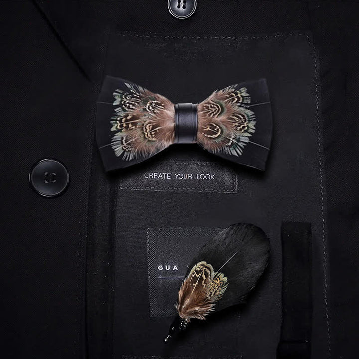 Nœud papillon en plumes de faisan noir et marron pour enfant avec épingle à revers