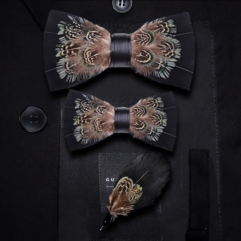 Nœud papillon en plumes de faisan noir et marron pour enfant avec épingle à revers