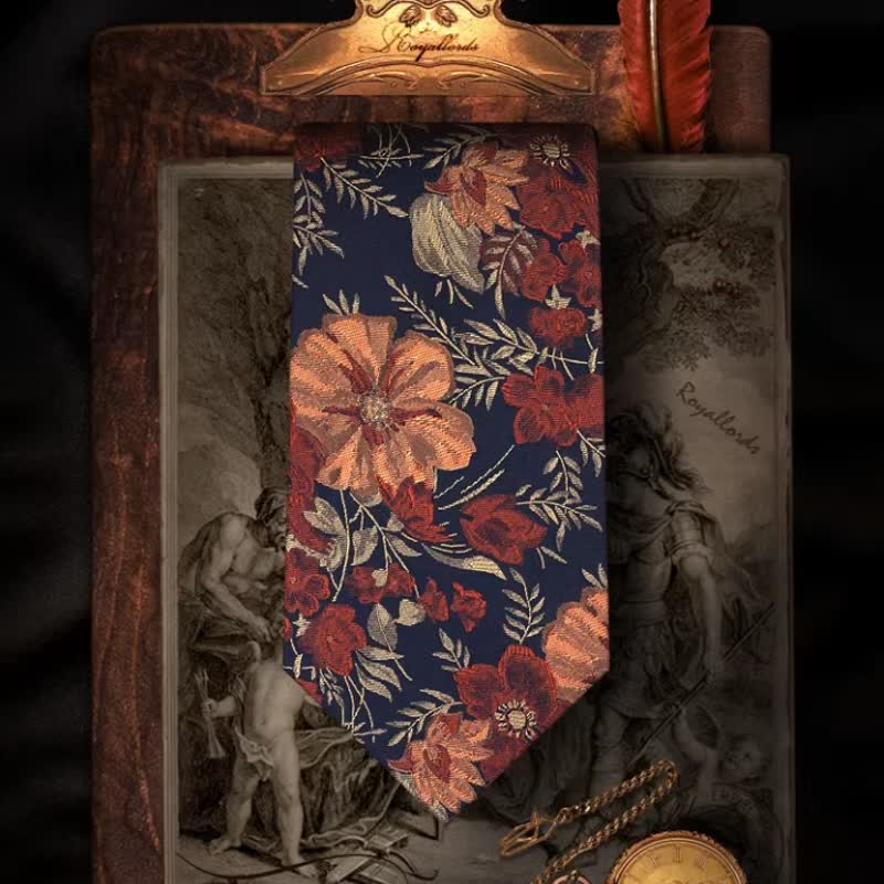 Cravate rétro à broderie florale pour homme sur fond bleu