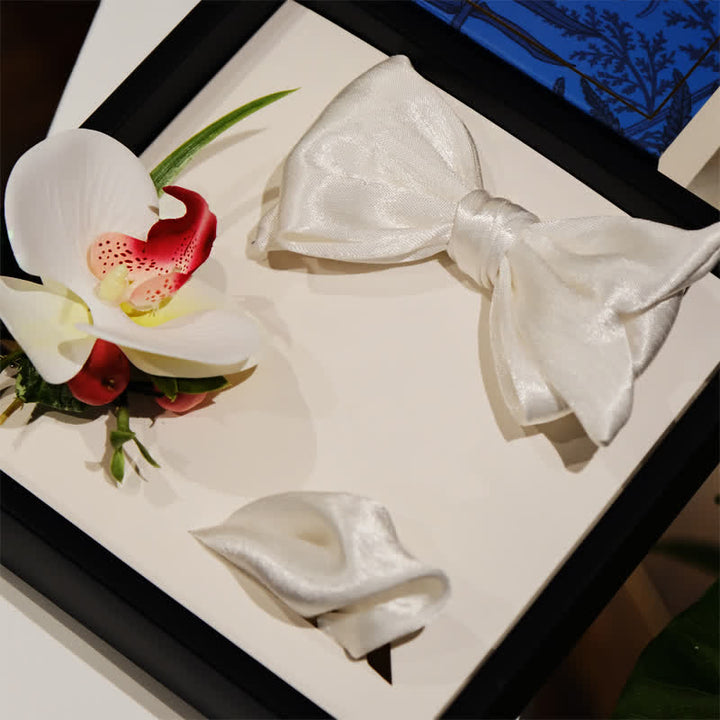 Lot de 3 mouchoirs et nœuds papillon blancs Phalaenopsis pour homme