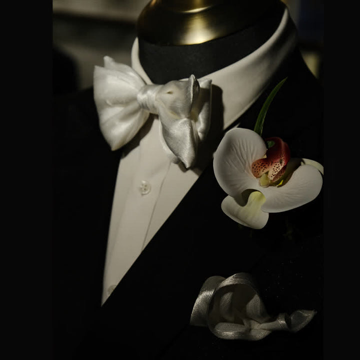 Lot de 3 mouchoirs et nœuds papillon blancs Phalaenopsis pour homme