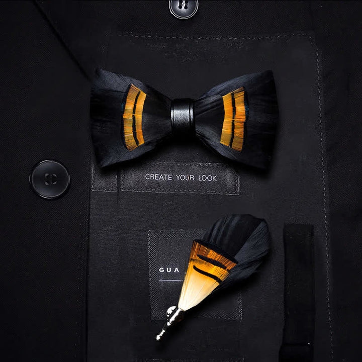 Nœud papillon en plumes de minuit noir et orange pour enfant avec épingle à revers