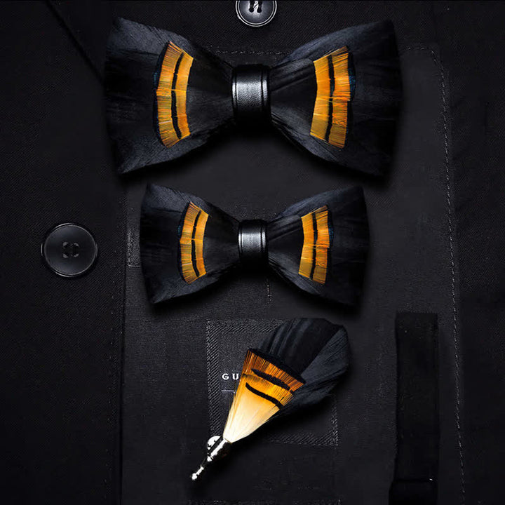 Nœud papillon en plumes de minuit noir et orange pour enfant avec épingle à revers