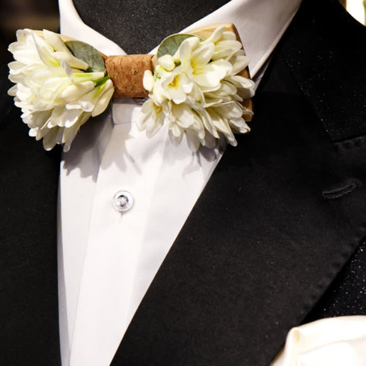 Nœud papillon en bois à fleurs artificielles blanc pur pour homme