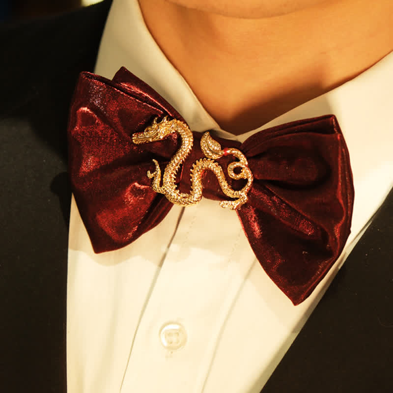 Nœud papillon rétro pour homme avec motif dragon bordeaux brillant