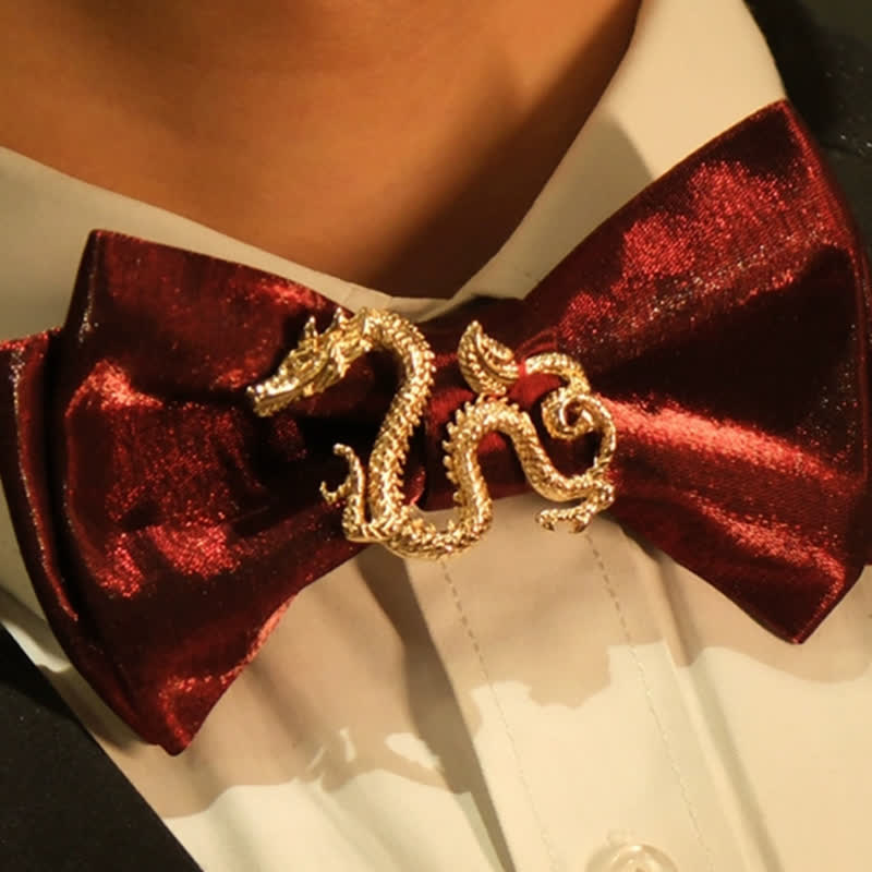 Nœud papillon rétro pour homme avec motif dragon bordeaux brillant
