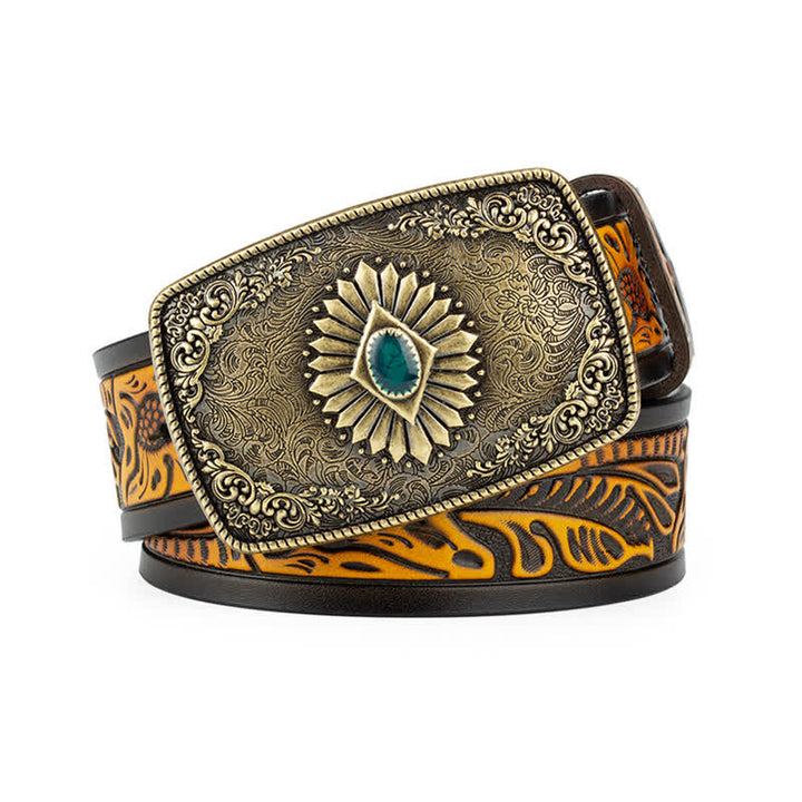 Ceinture en cuir à boucle automatique pour homme avec motif floral gravé