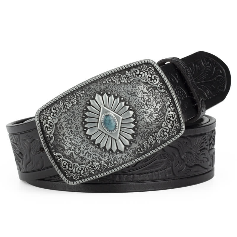 Ceinture en cuir à boucle automatique pour homme avec motif floral gravé