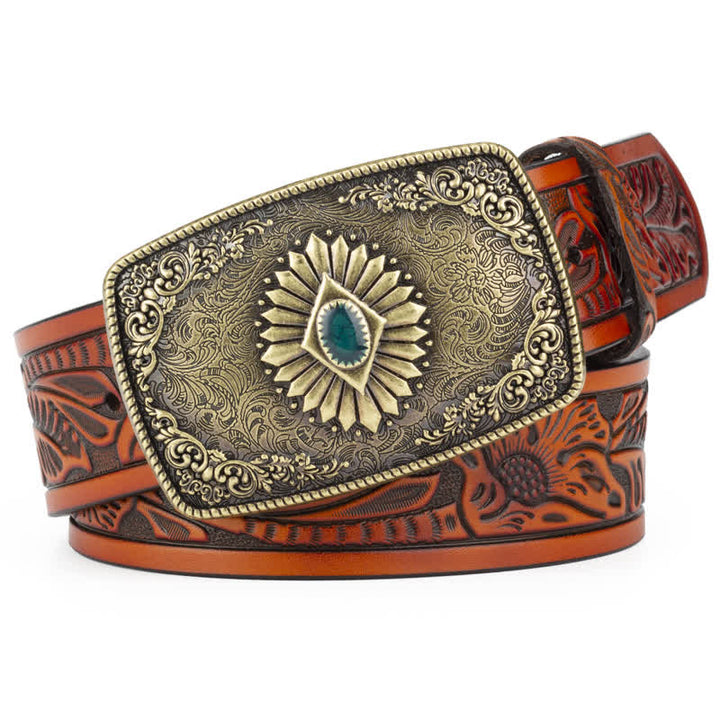 Ceinture en cuir à boucle automatique pour homme avec motif floral gravé