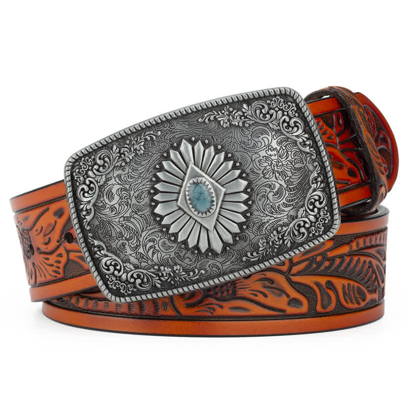 Ceinture en cuir à boucle automatique pour homme avec motif floral gravé
