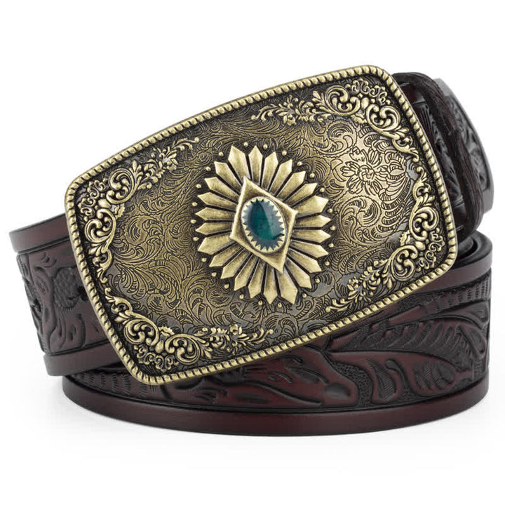 Ceinture en cuir à boucle automatique pour homme avec motif floral gravé