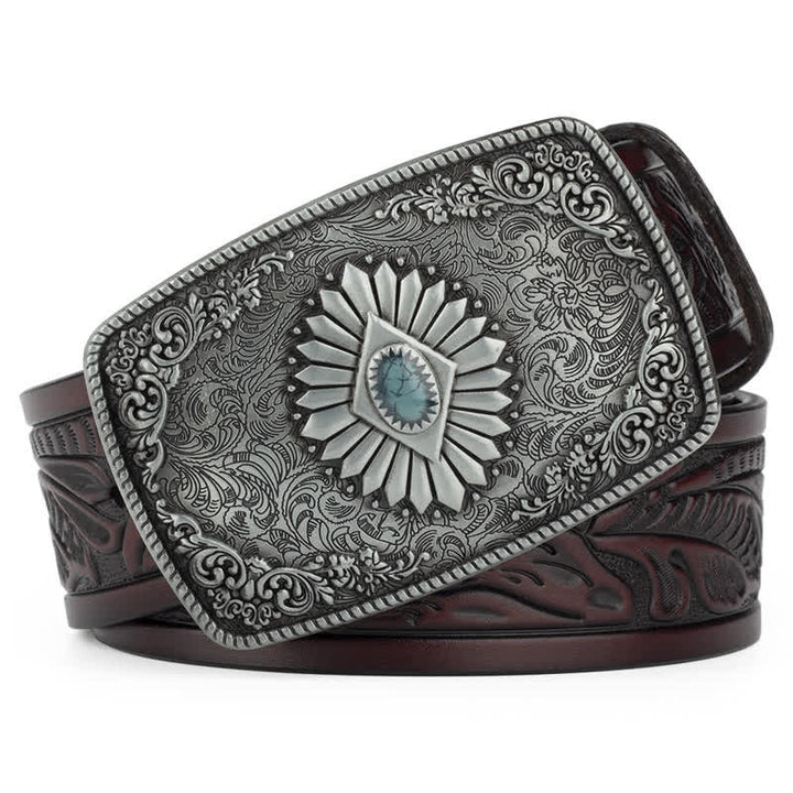 Ceinture en cuir à boucle automatique pour homme avec motif floral gravé