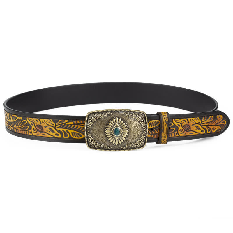Ceinture en cuir à boucle automatique pour homme avec motif floral gravé