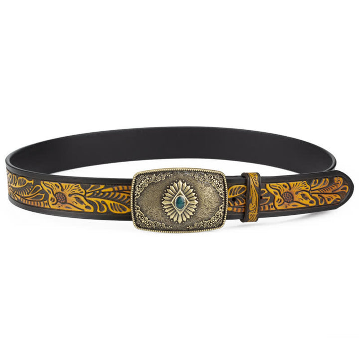 Ceinture en cuir à boucle automatique pour homme avec motif floral gravé