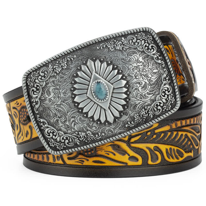 Ceinture en cuir à boucle automatique pour homme avec motif floral gravé