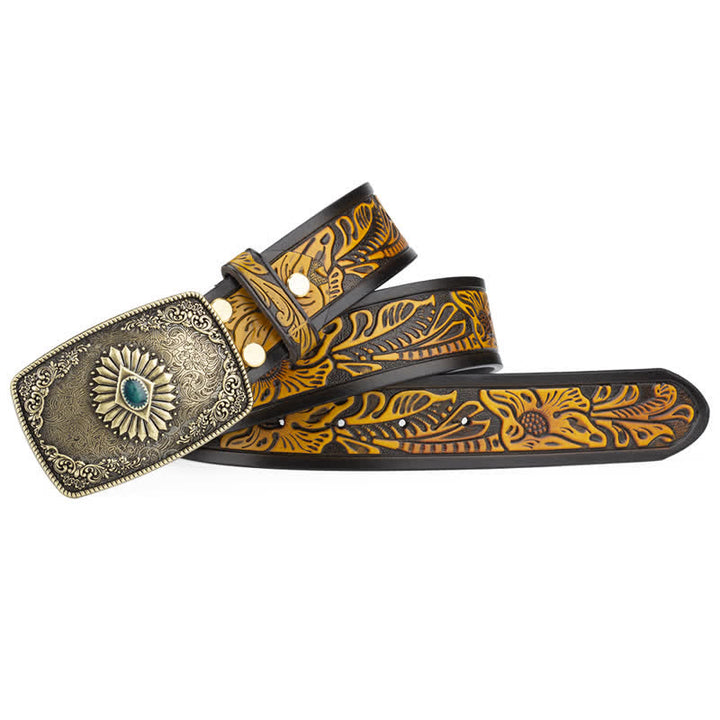 Ceinture en cuir à boucle automatique pour homme avec motif floral gravé