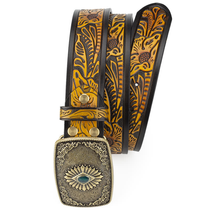 Ceinture en cuir à boucle automatique pour homme avec motif floral gravé