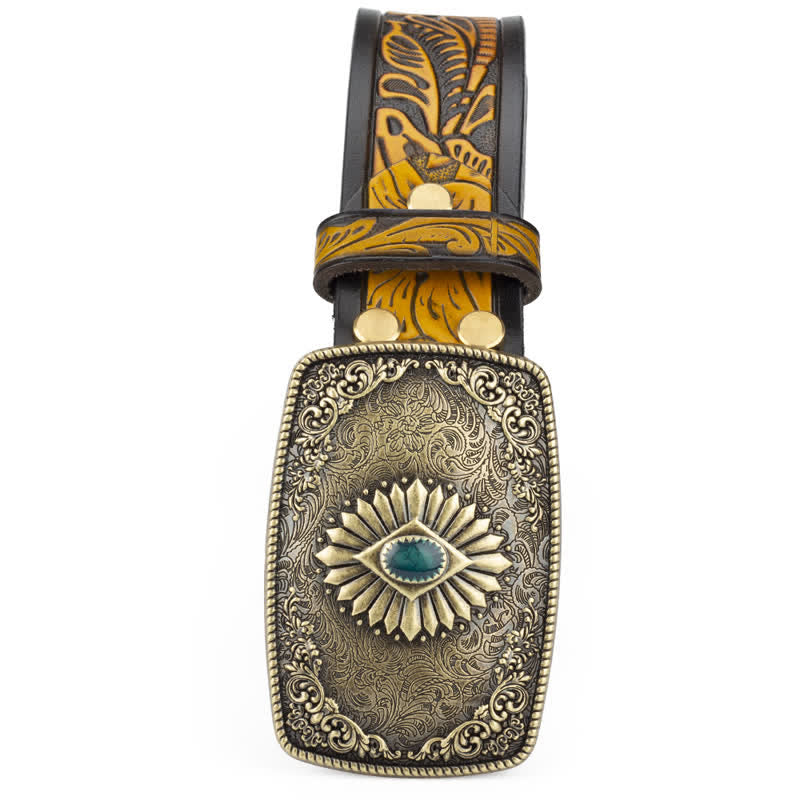 Ceinture en cuir à boucle automatique pour homme avec motif floral gravé