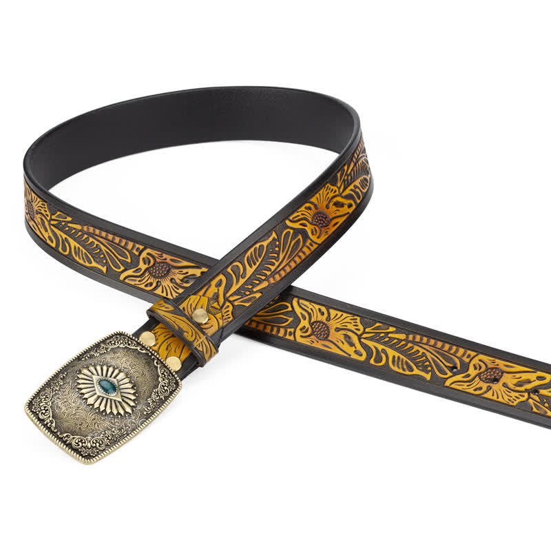 Ceinture en cuir à boucle automatique pour homme avec motif floral gravé