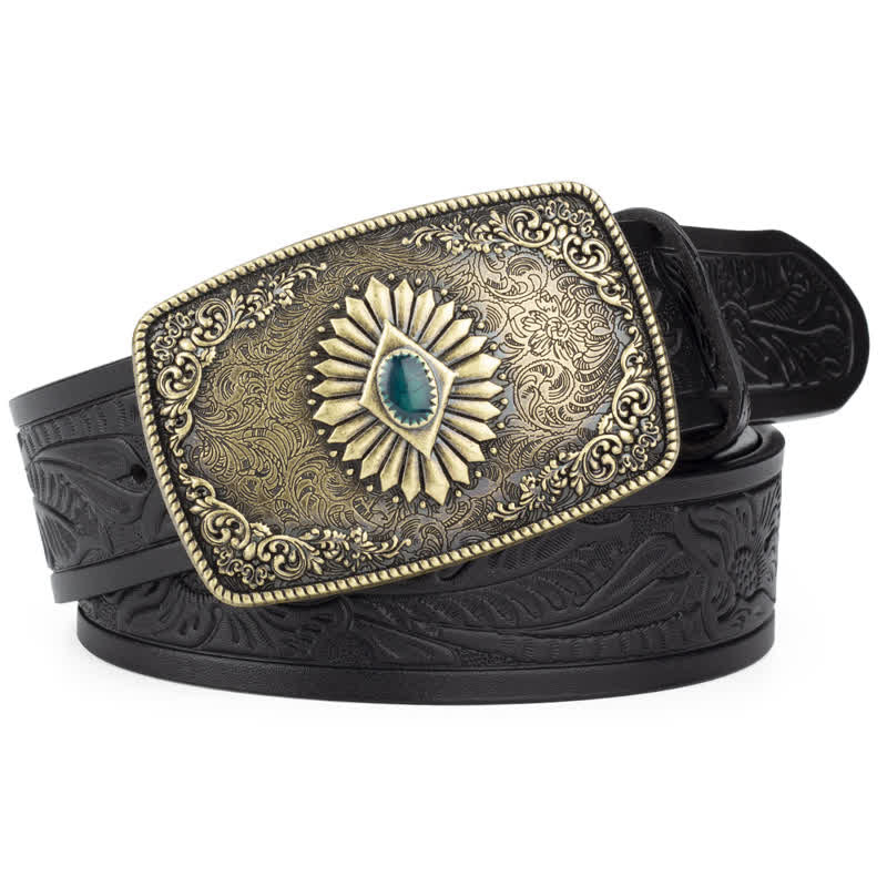 Ceinture en cuir à boucle automatique pour homme avec motif floral gravé