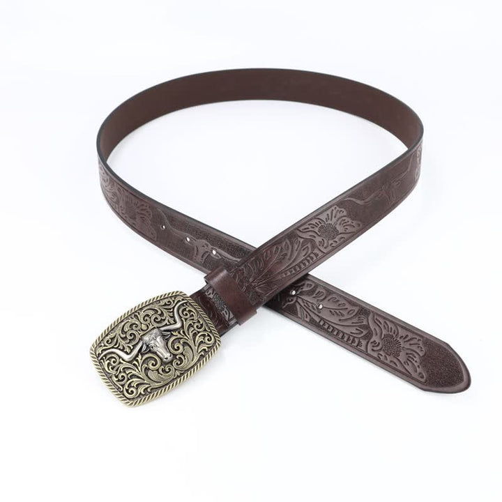 Ceinture en cuir à motif de taureau en bronze gravé à fleurs pour homme