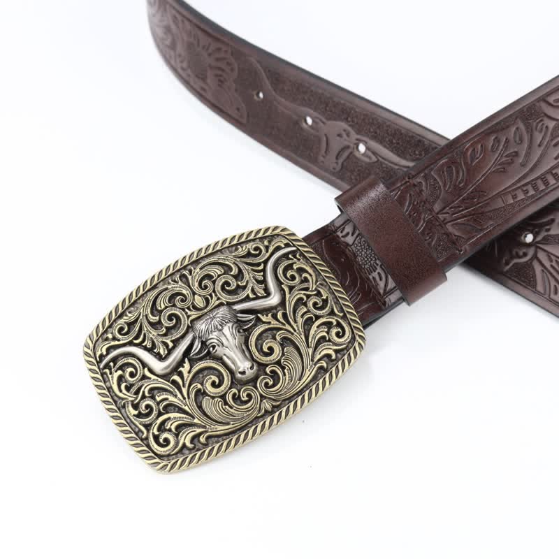 Ceinture en cuir à motif de taureau en bronze gravé à fleurs pour homme