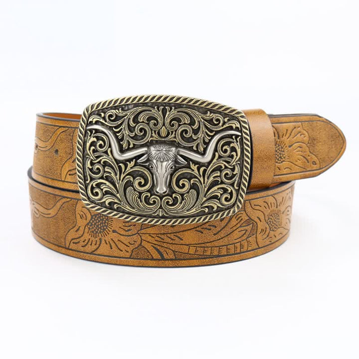 Ceinture en cuir à motif de taureau en bronze gravé à fleurs pour homme