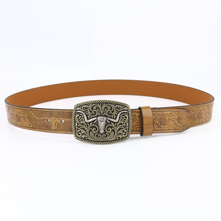 Ceinture en cuir à motif de taureau en bronze gravé à fleurs pour homme