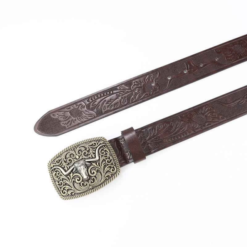 Ceinture en cuir à motif de taureau en bronze gravé à fleurs pour homme