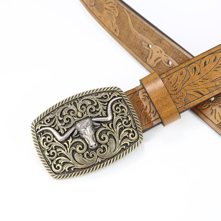 Ceinture en cuir à motif de taureau en bronze gravé à fleurs pour homme
