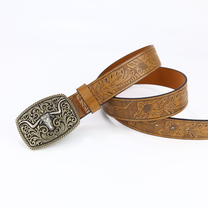 Ceinture en cuir à motif de taureau en bronze gravé à fleurs pour homme