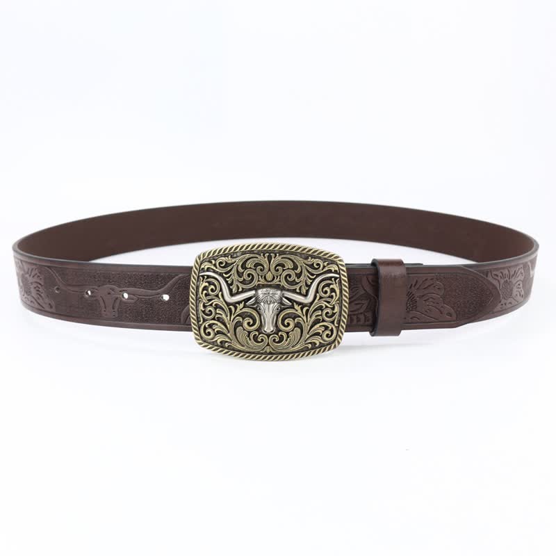Ceinture en cuir à motif de taureau en bronze gravé à fleurs pour homme