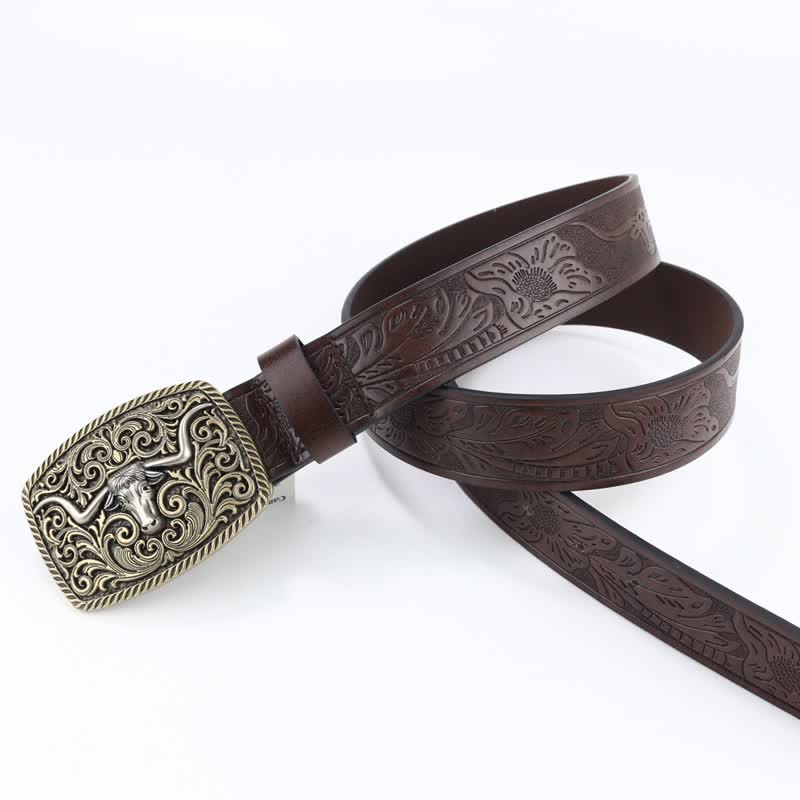 Ceinture en cuir à motif de taureau en bronze gravé à fleurs pour homme