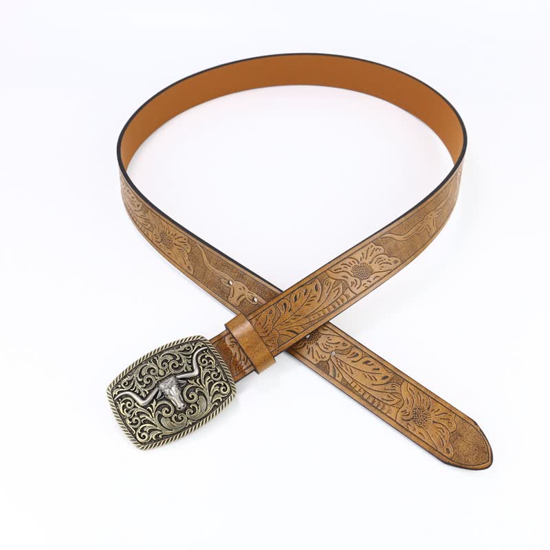 Ceinture en cuir à motif de taureau en bronze gravé à fleurs pour homme