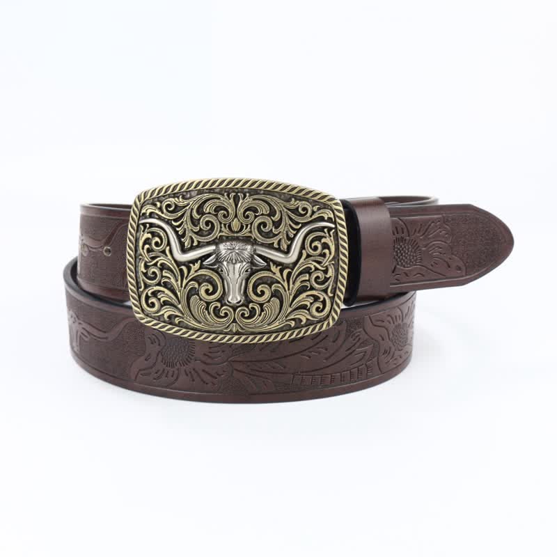 Ceinture en cuir à motif de taureau en bronze gravé à fleurs pour homme
