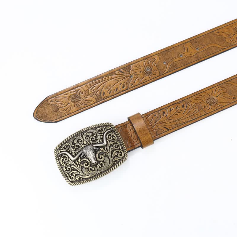 Ceinture en cuir à motif de taureau en bronze gravé à fleurs pour homme