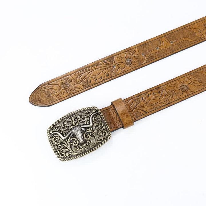 Ceinture en cuir à motif de taureau en bronze gravé à fleurs pour homme