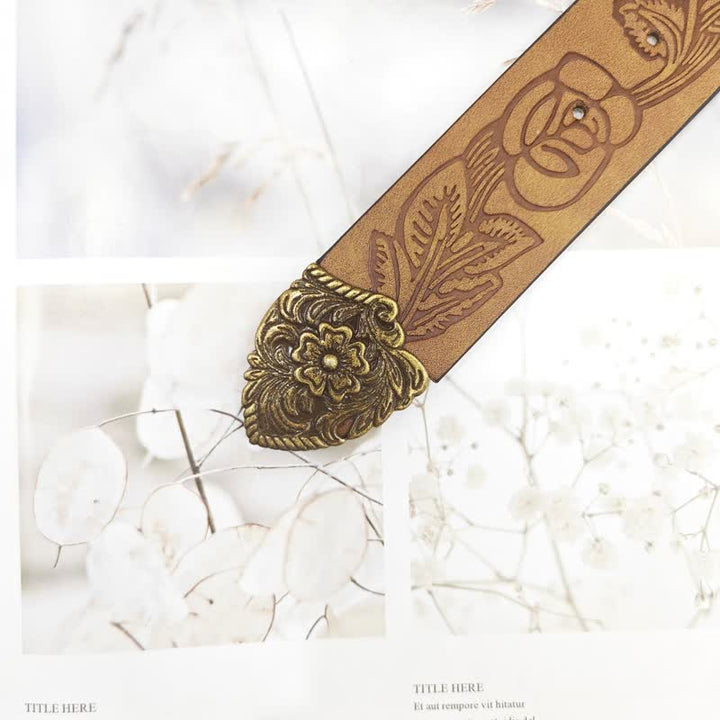 Ceinture en cuir à motif floral doré antique pour femme