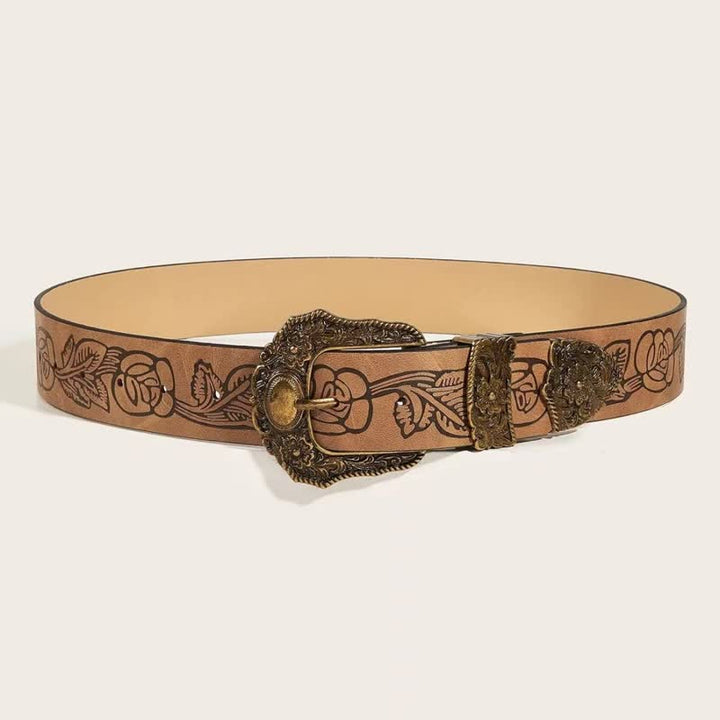 Ceinture en cuir à motif floral doré antique pour femme
